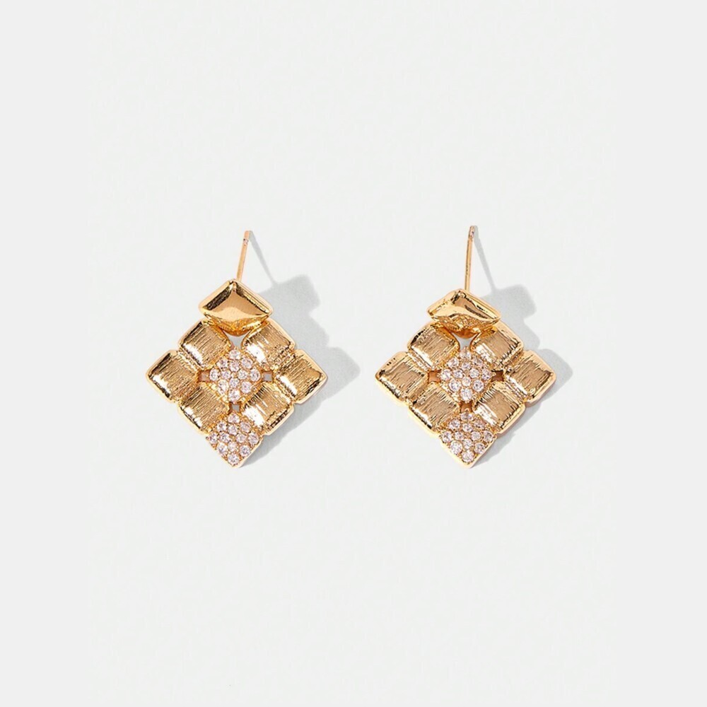 Gold Textured Diamond Shape Rhinestone Pave Stud Earrings